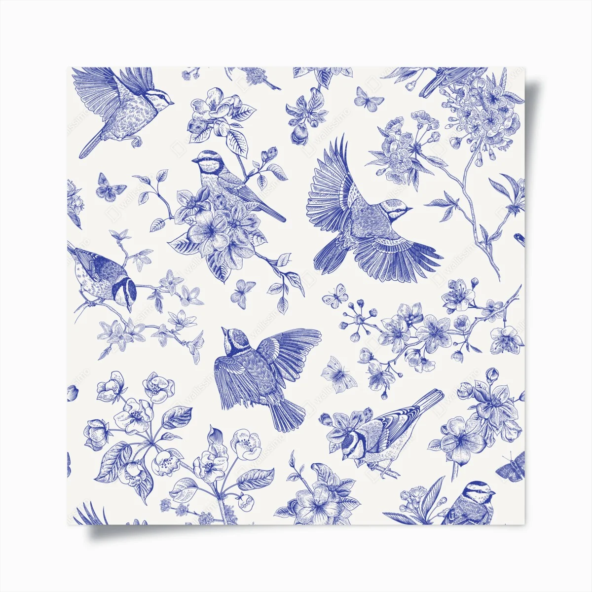 Plakat niebieski wzór ptaków i kwiatów w stylu vintage – Wallissimo® Plakat niebieski wzór ptaków i kwiatów w stylu vintage – Wallissimo®