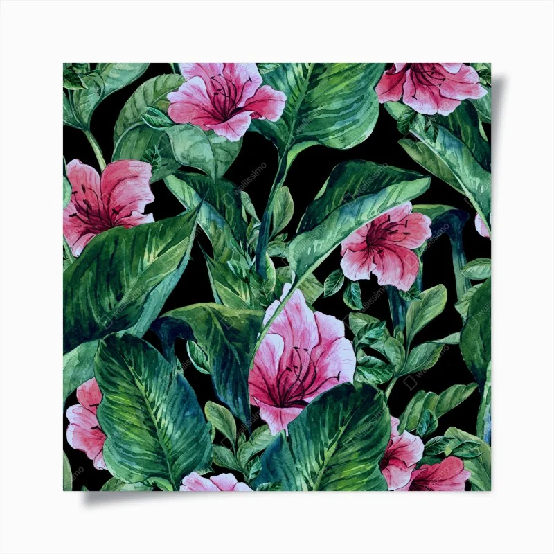 Plakat różowe akwarelowe kwiaty na czarnym tle