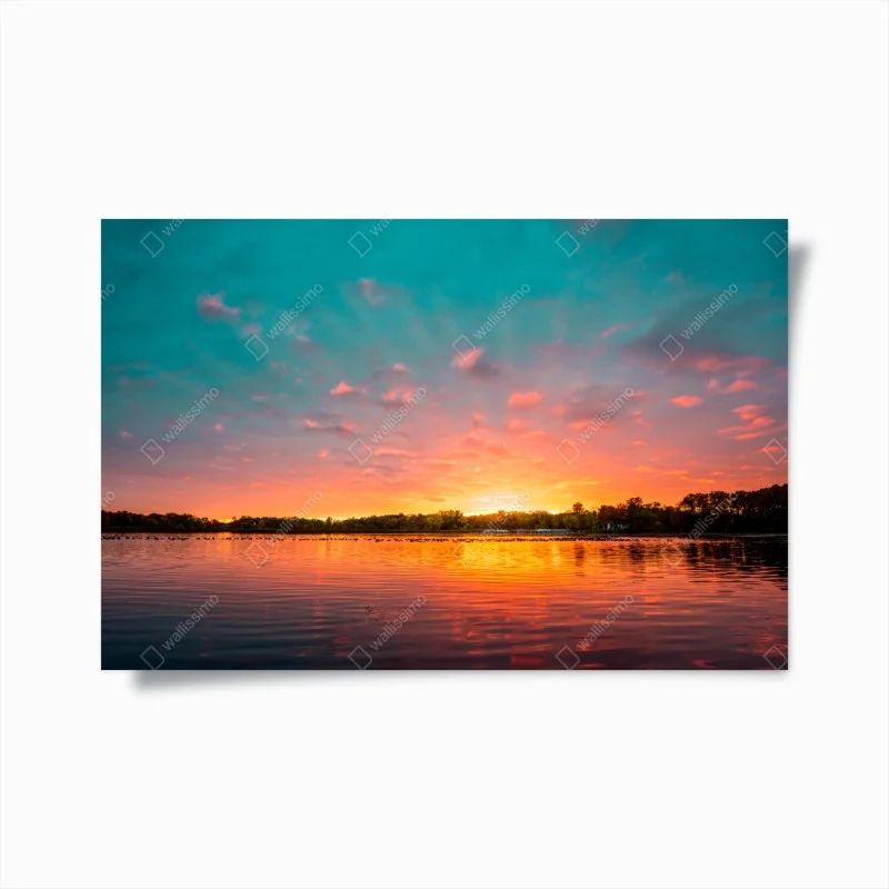 Plakat turkusowy zachód słońca nad spokojnym jeziorem