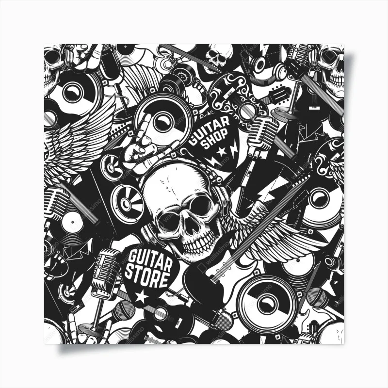 Plakat rockowy kolaż z czaszką i gitarami