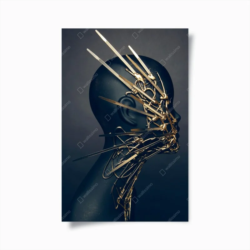 Plakat złota rzeźba portretowa na czarnym manekinie