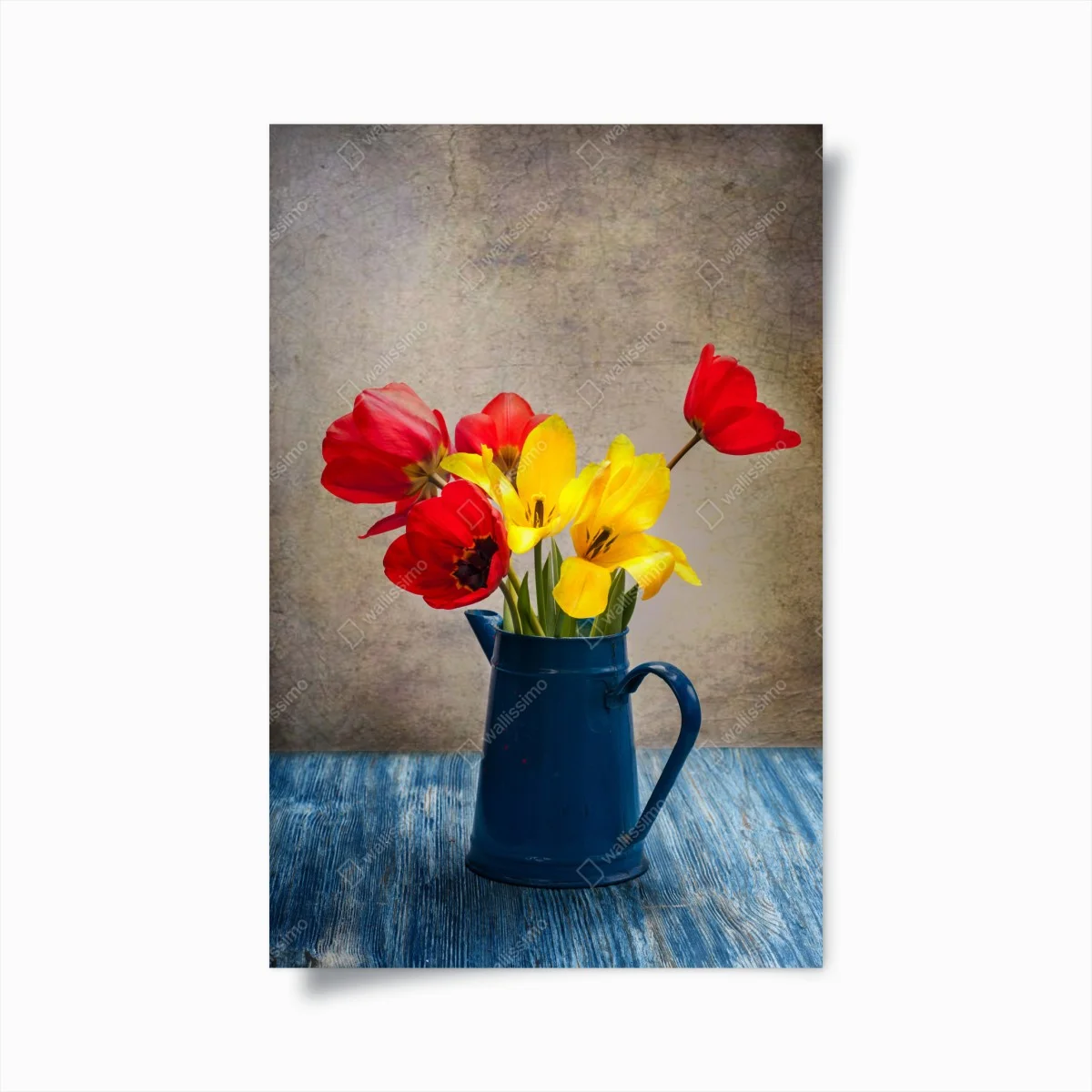Plakat kolorowy bukiet tulipanów w niebieskim dzbanku – Wallissimo® Plakat kolorowy bukiet tulipanów w niebieskim dzbanku – Wallissimo®