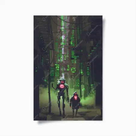 Plakat roboty w neonowej uliczce – Wallissimo®