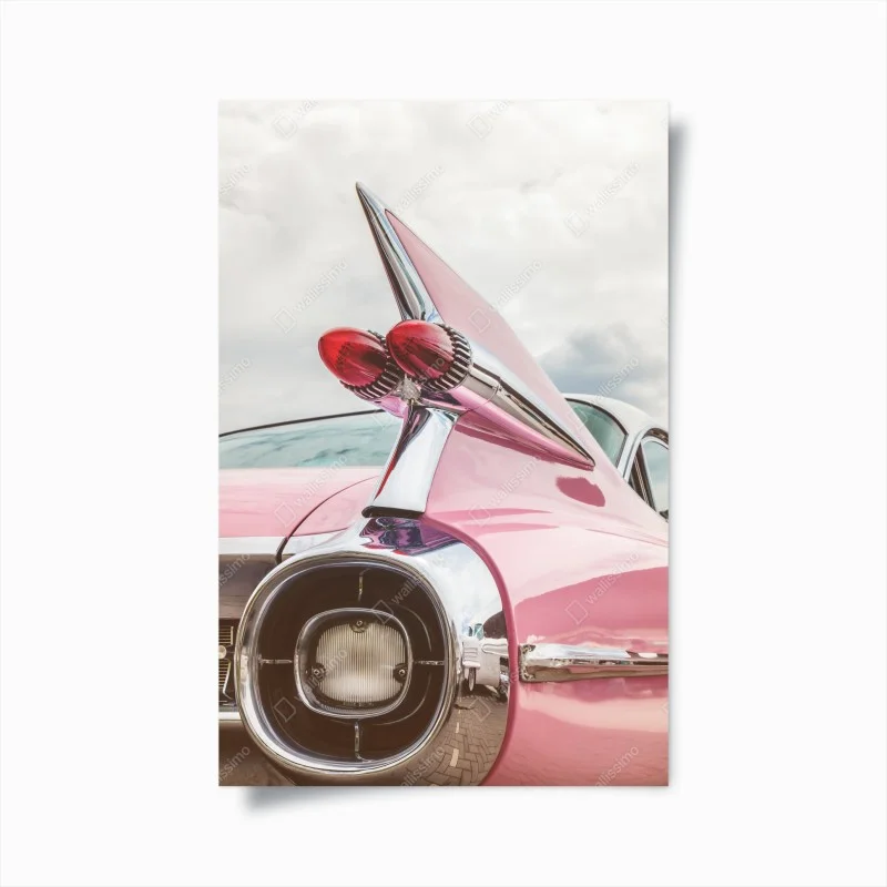 Plakat różowy retro klasyczny samochód płetwa