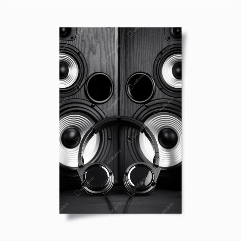 Plakat monochromatyczne ujęcie audio ze słuchawkami i głośnikami