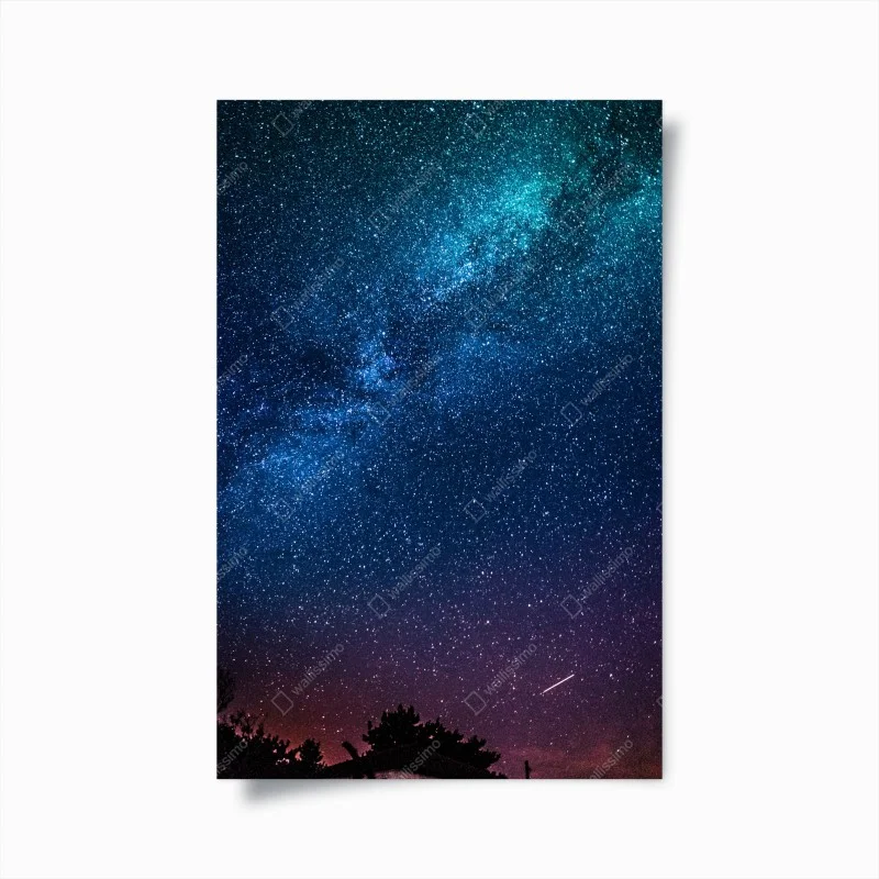 Plakat głębokie błękitne nocne niebo z drogą mleczną i spadającą gwiazdą