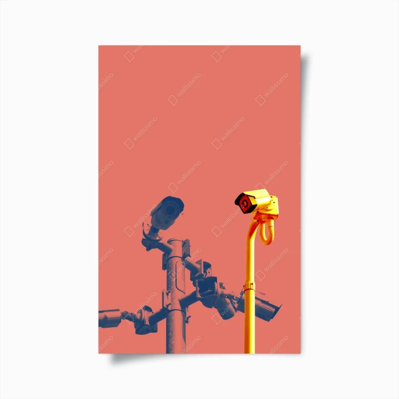 Plakat duotone kamery nadzoru na koralowym tle