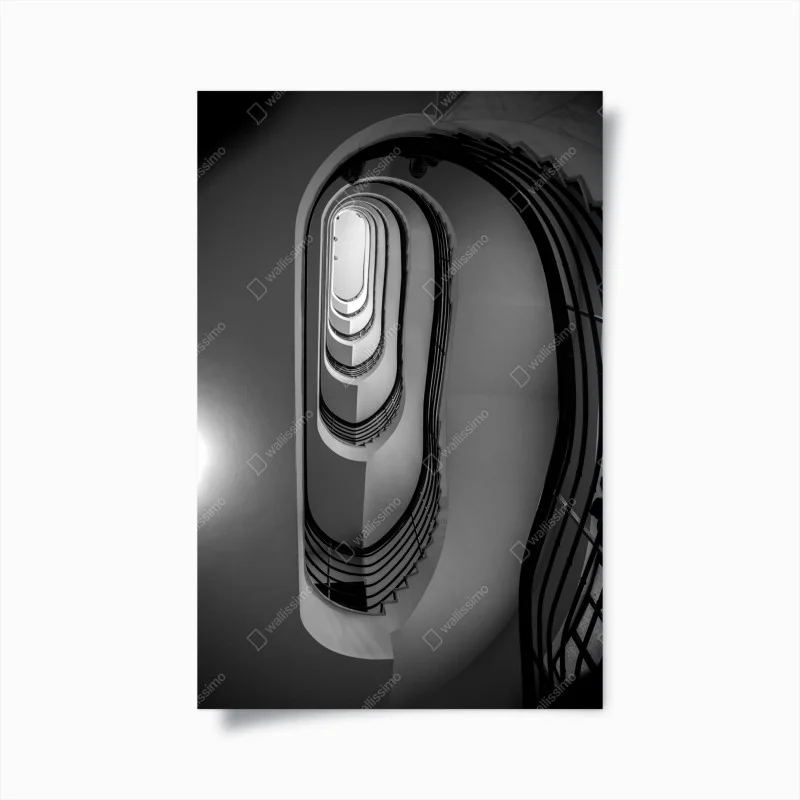 Plakat spiralne schody w perspektywie czarno-białe