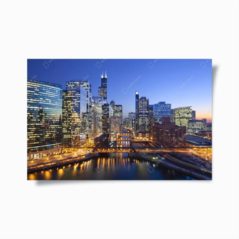 Plakat widok na panoramę Chicago o zmierzchu