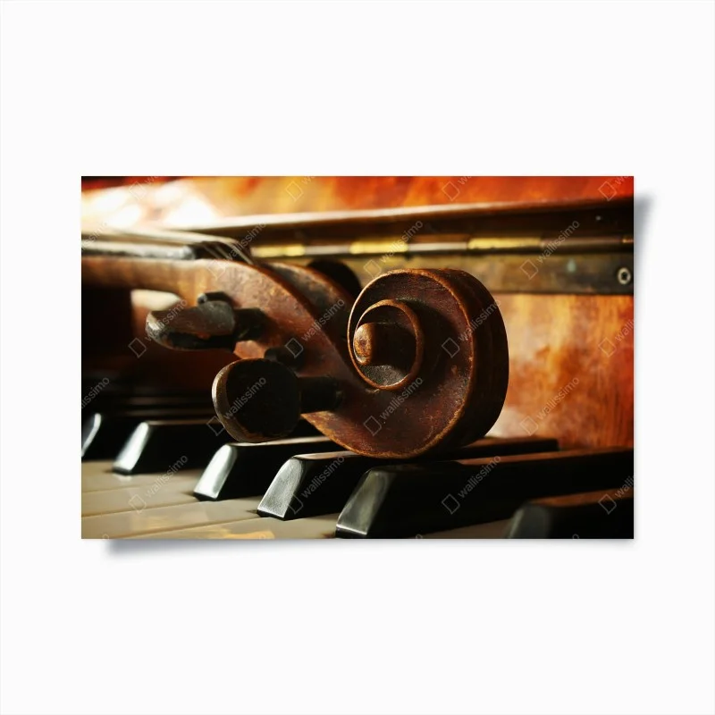 Plakat zabytkowa główka skrzypiec na klawiszach fortepianu