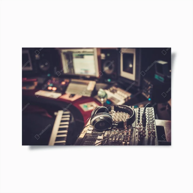 Plakat vintageowe studio nagraniowe przy konsoli mikserskiej