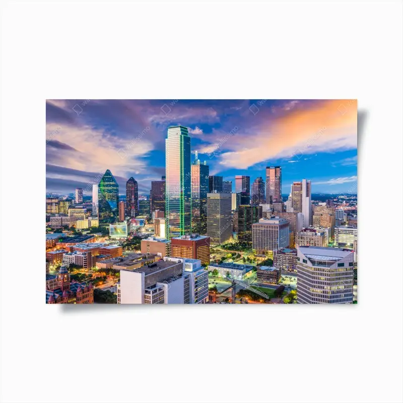 Plakat Dallas panorama miasta o zachodzie słońca