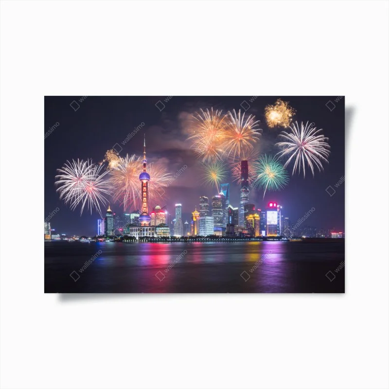 Plakat Szanghaj panorama z fajerwerkami nad rzeką Huangpu