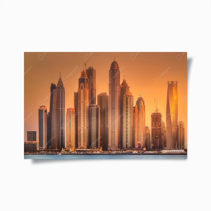 Plakat panorama Dubaju w złotym świetle