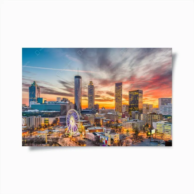 Plakat Atlanta panorama miasta przy zachodzie słońca