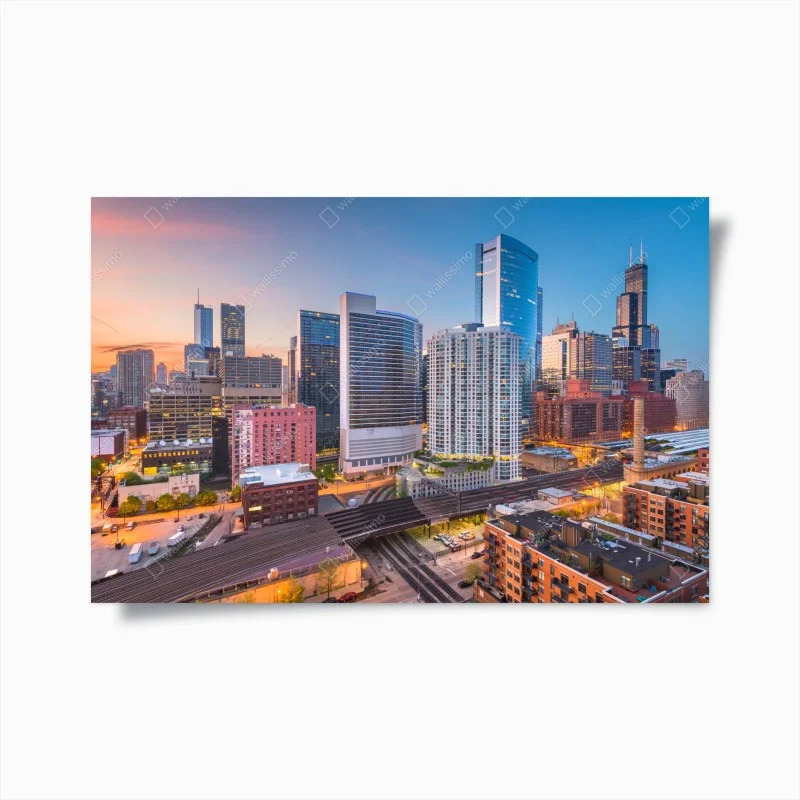 Plakat panorama Chicago o zmierzchu