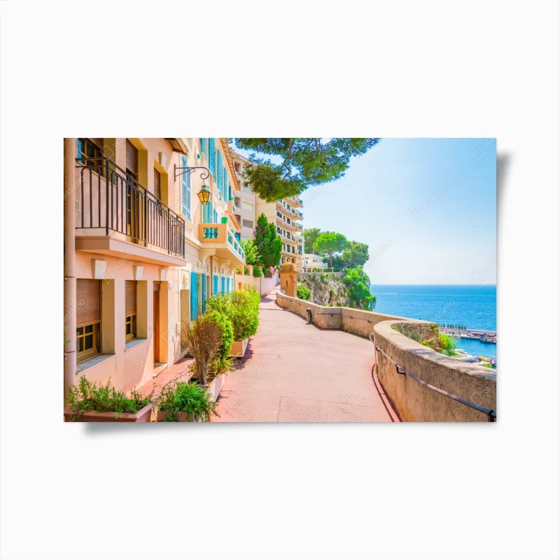 Plakat śródziemnomorska promenada z pastelowymi kamienicami
