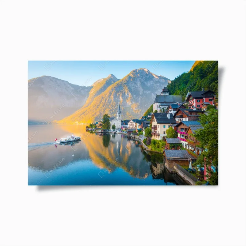 Plakat poranny blask Hallstatt nad jeziorem