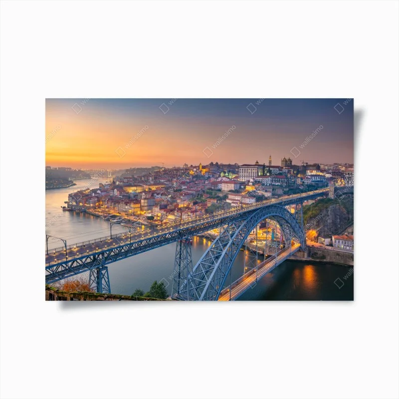 Plakat panorama Porto o zmierzchu z mostem Dom Luís I