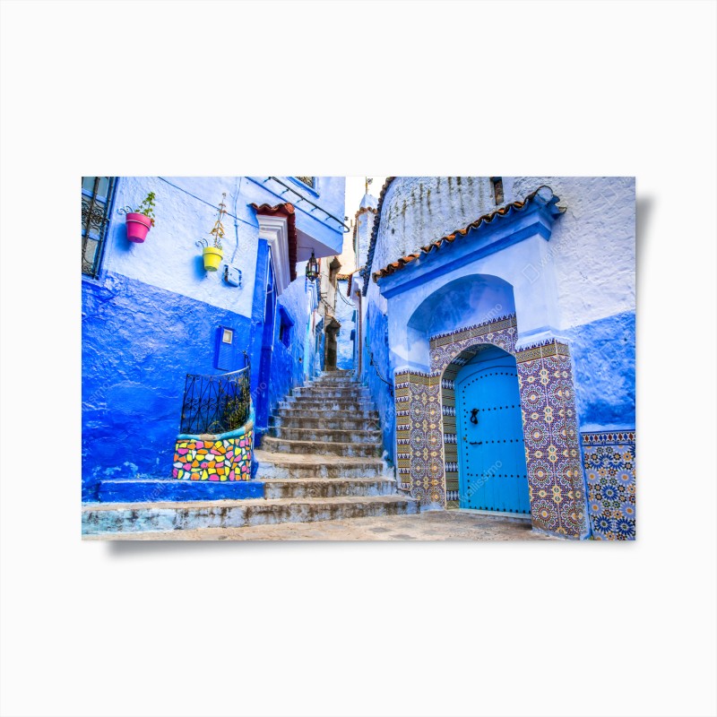 Plakat niebieska uliczka w Chefchaouen, Maroko