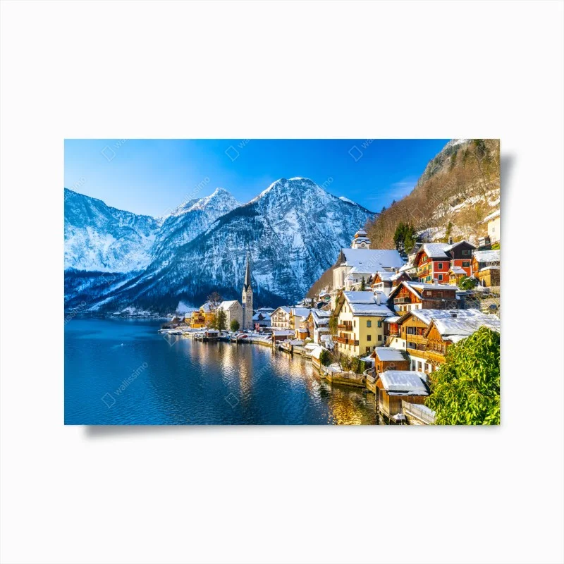 Plakat zimowy spokój w Hallstatt — alpejska wioska nad jeziorem