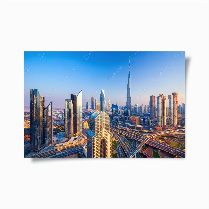 Plakat panorama Dubaju z Burj Khalifa o zachodzie słońca