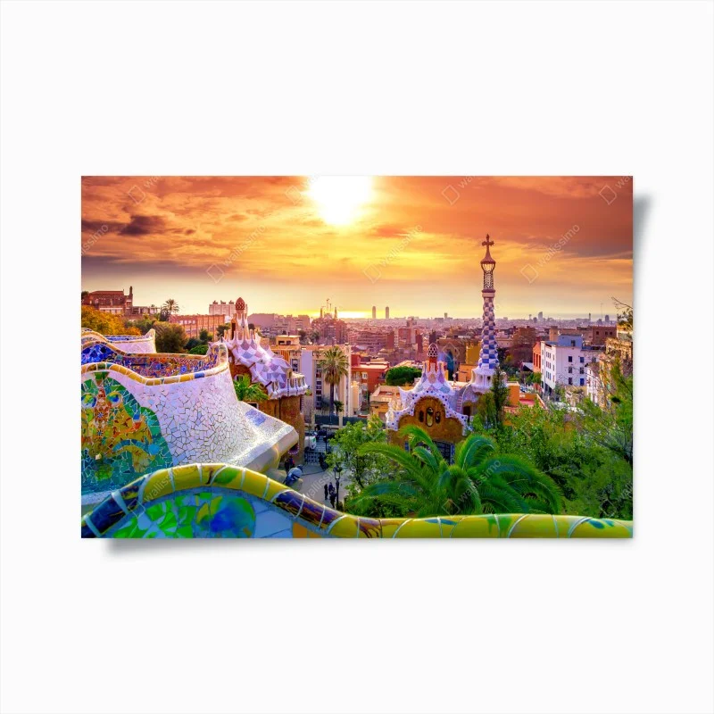 Plakat zachód słońca nad Park Güell w Barcelonie