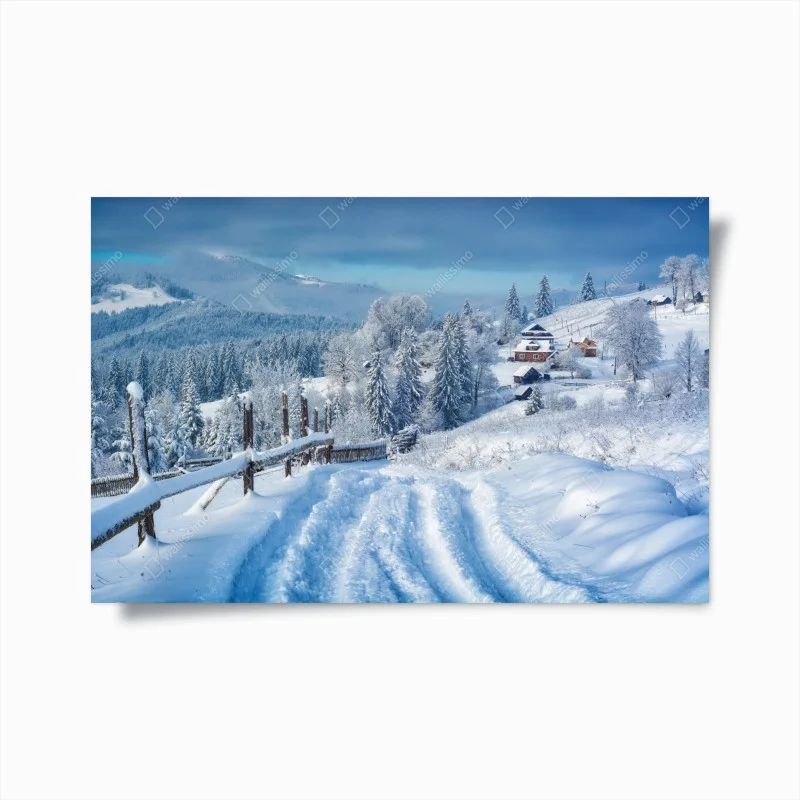 Plakat zimowa ścieżka do alpejskiej wioski