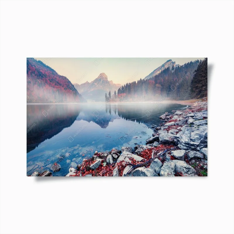 Plakat mglisty jesienny poranek nad Obersee, Alpy Szwajcarskie