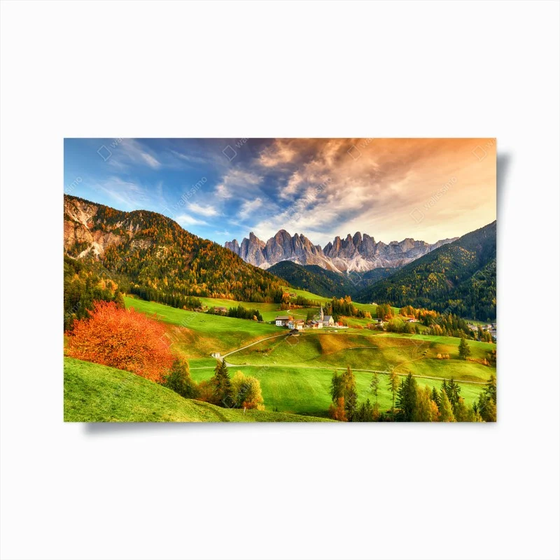 Plakat jesienny zachód słońca nad Santa Maddalena, Dolomity