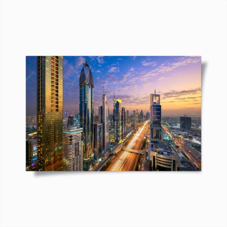 Plakat panorama Dubaju o zmierzchu – Wallissimo®