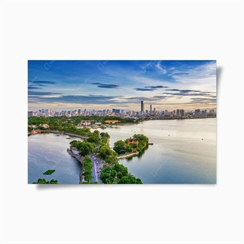 Plakat spokojna miejska panorama nad jeziorem – Wallissimo®