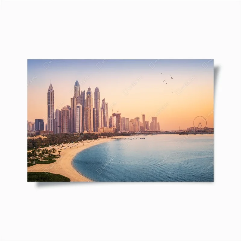Plakat Dubaj panorama miasta o zachodzie słońca