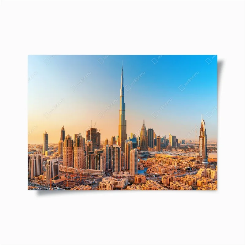 Plakat panorama Dubaju o złotej godzinie