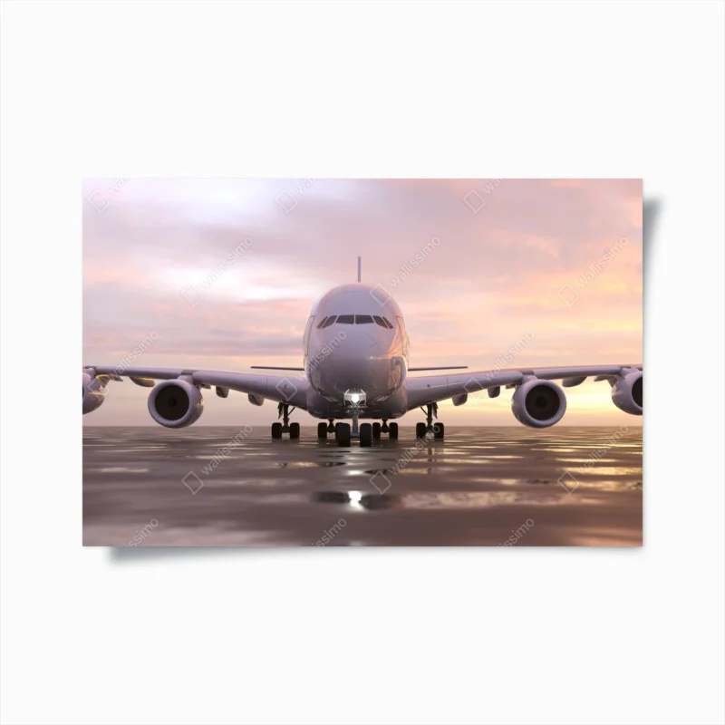 Plakat odrzutowiec na pasie startowym o zachodzie słońca