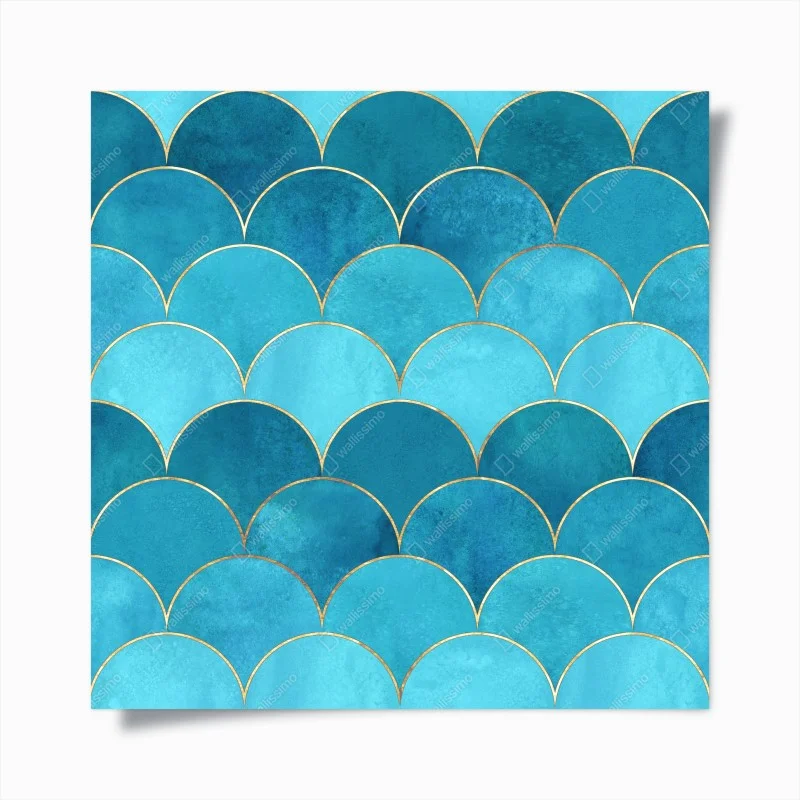 Plakat turkusowy wzór łusek z złotymi detalami