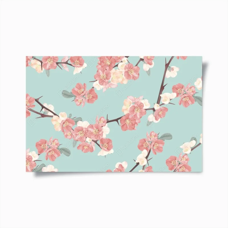 Plakat pastelowy wzór kwiatów wiśni na miętowym tle