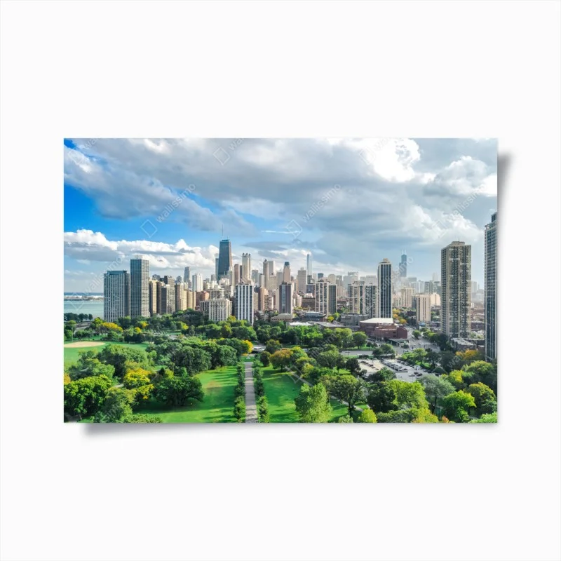 Plakat miejska panorama nad zielonym parkiem