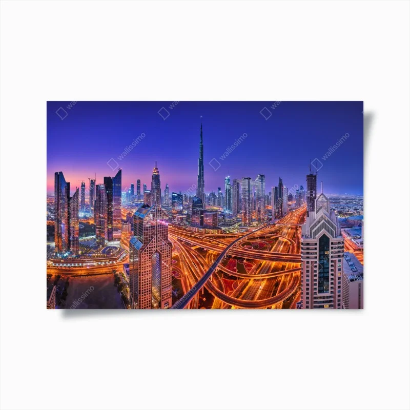 Plakat Dubaj nocą: panorama miejskich świateł