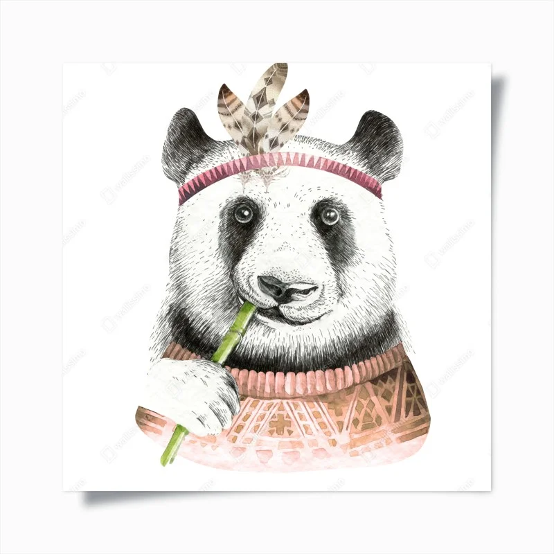 Plakat boho akwarelowa panda z piórami