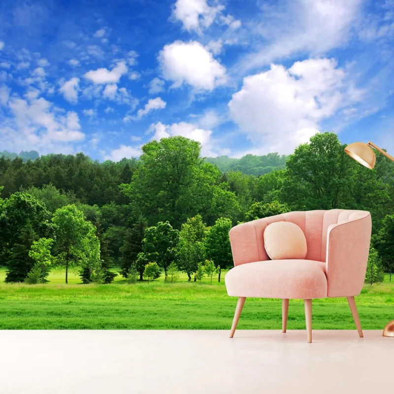 Fototapeta letni zielony las pod niebieskim niebem – Wallissimo® Fototapeta letni zielony las pod niebieskim niebem – Wallissimo®