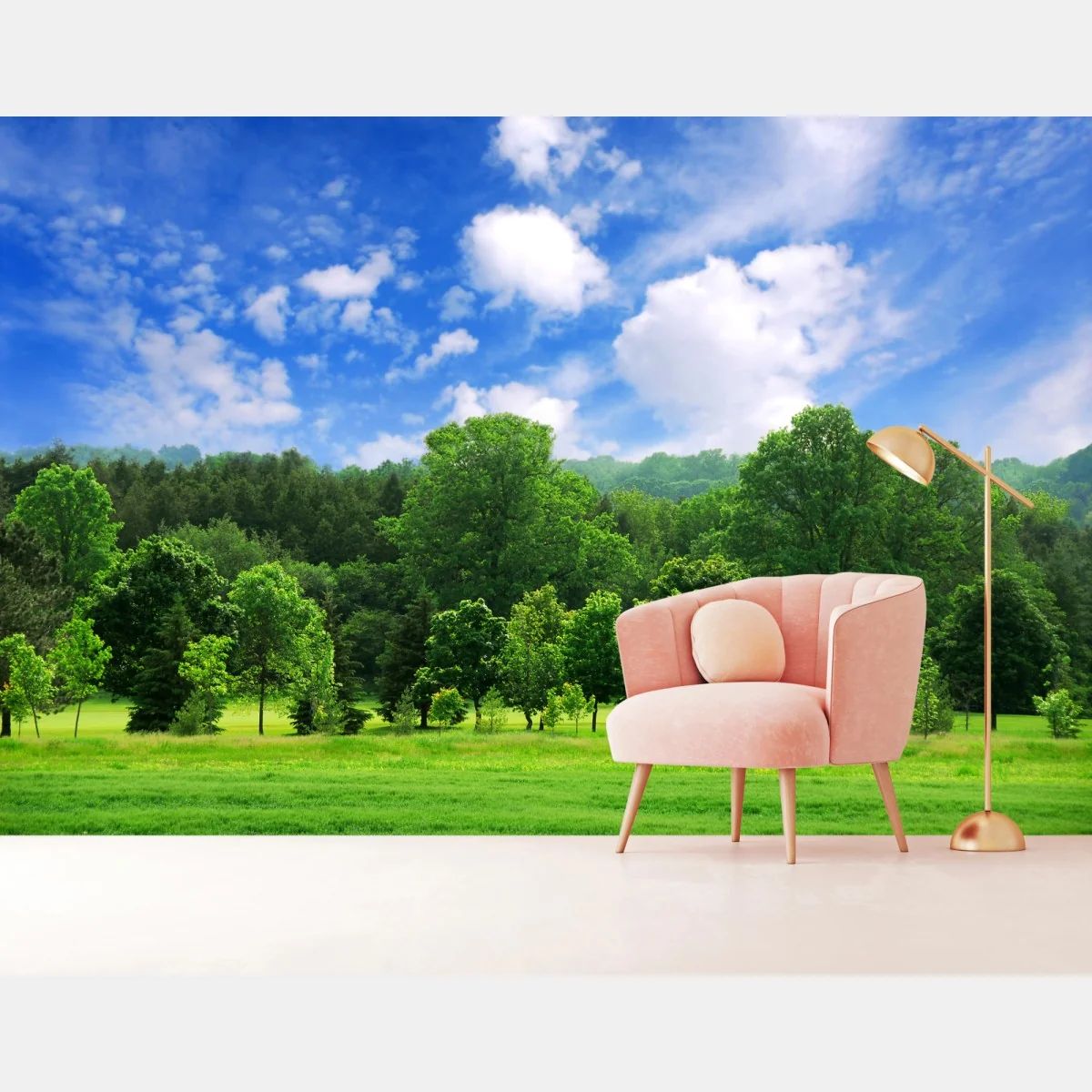 Fototapeta letni zielony las pod niebieskim niebem – Wallissimo® Fototapeta letni zielony las pod niebieskim niebem – Wallissimo®