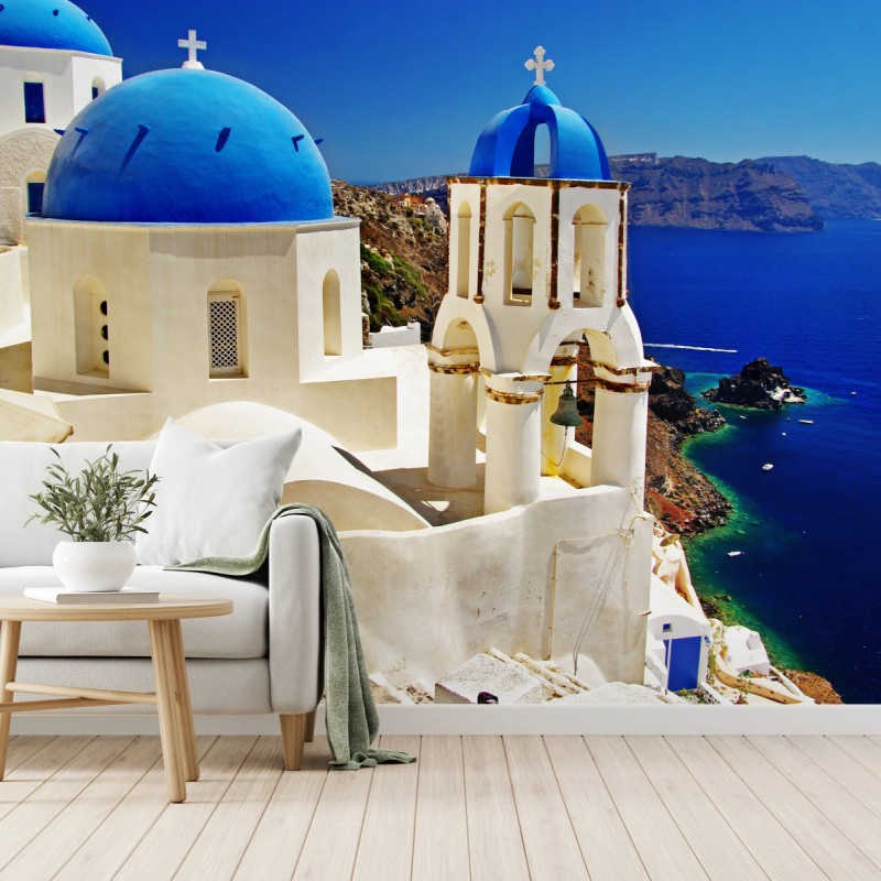 Fototapeta Santorini błękitne kopuły nad morzem – Wallissimo® Fototapeta Santorini błękitne kopuły nad morzem – Wallissimo®