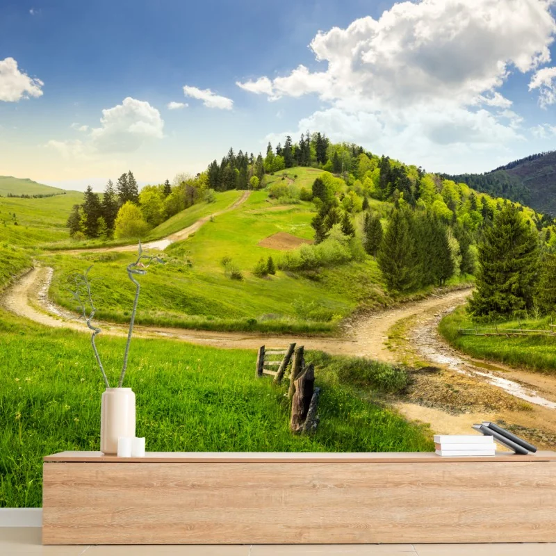 Fototapeta kręta droga przez zielone wzgórza – Wallissimo® Fototapeta kręta droga przez zielone wzgórza – Wallissimo®