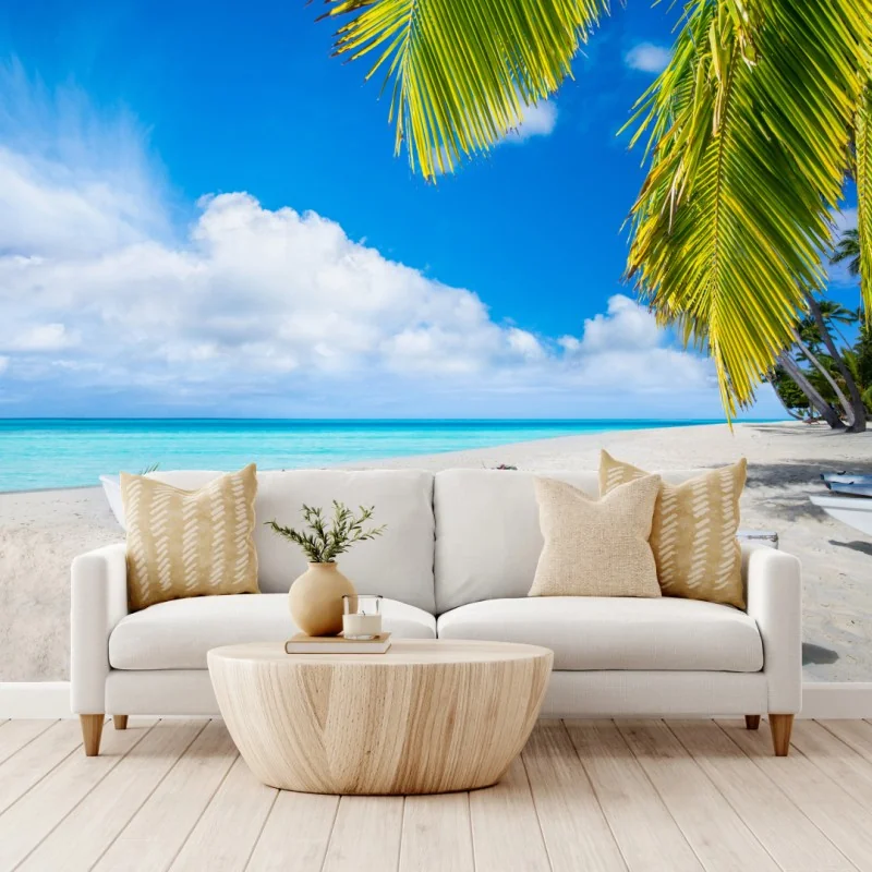 Fototapeta tropikalna plaża w turkusowych kolorach z palmami i łodziami – Wallissimo® Fototapeta tropikalna plaża w turkusowych kolorach z palmami i łodziami – Wallissimo®