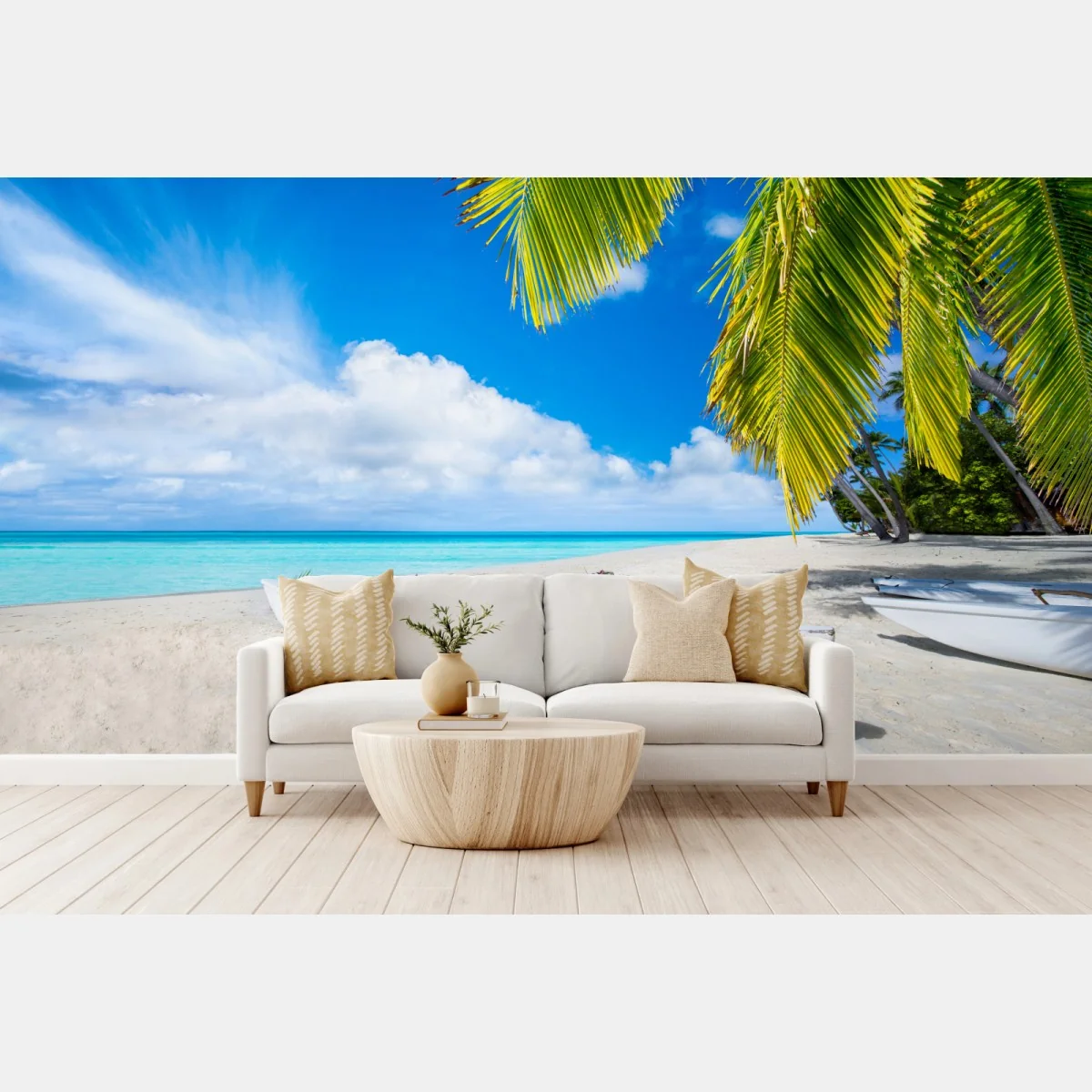 Fototapeta tropikalna plaża w turkusowych kolorach z palmami i łodziami – Wallissimo® Fototapeta tropikalna plaża w turkusowych kolorach z palmami i łodziami – Wallissimo®