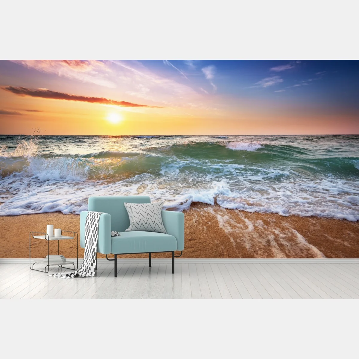 Fototapeta złoty zachód słońca na plaży nad falami – Wallissimo® Fototapeta złoty zachód słońca na plaży nad falami – Wallissimo®