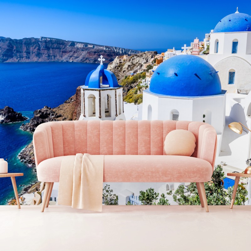 Fototapeta Santorini niebieskie kopuły nad kalderą – Wallissimo® Fototapeta Santorini niebieskie kopuły nad kalderą – Wallissimo®
