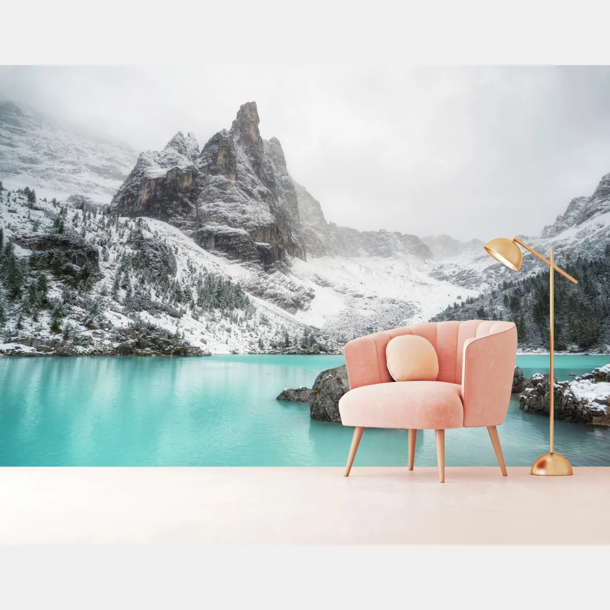 Fototapeta turkusowe jezioro alpejskie pod ośnieżonymi szczytami – Wallissimo® Fototapeta turkusowe jezioro alpejskie pod ośnieżonymi szczytami – Wallissimo®