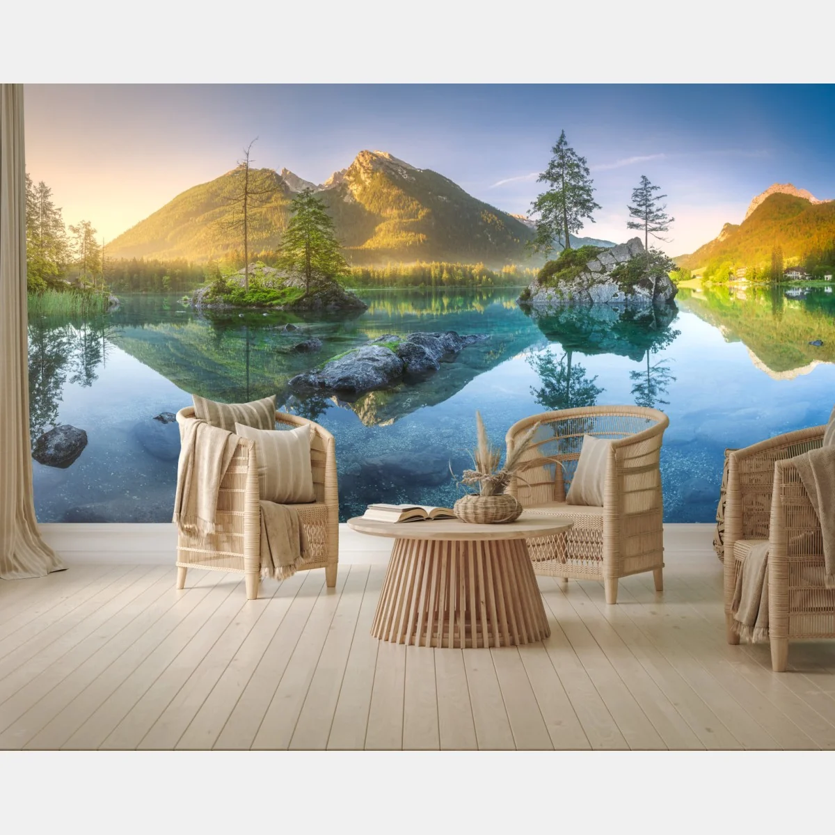 Fototapeta alpejskie jezioro o wschodzie słońca z lustrzanym odbiciem – Wallissimo® Fototapeta alpejskie jezioro o wschodzie słońca z lustrzanym odbiciem – Wallissimo®